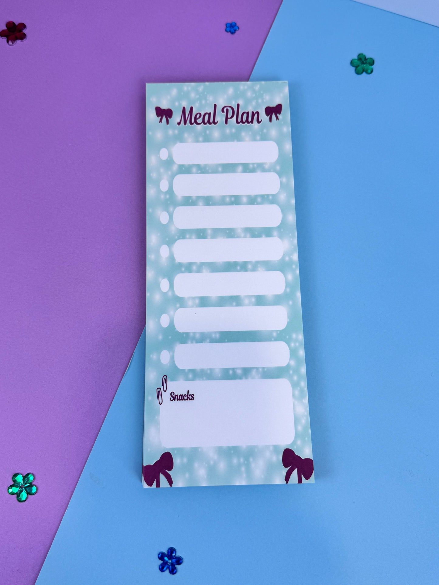 Holiday Meal Plan Notepad | 3x8 Handmade List Pad with 50 Pages, Teal & Red Bows