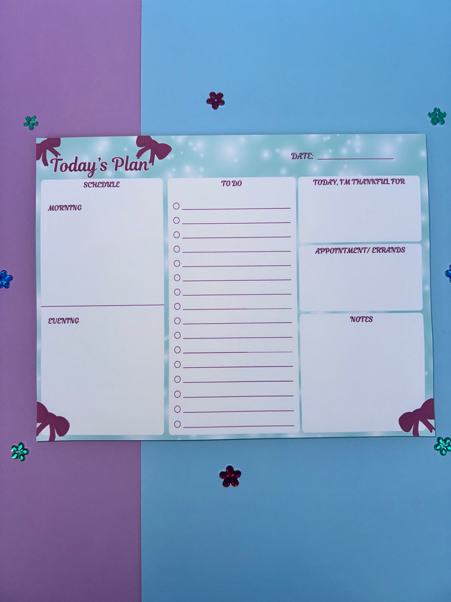 Handmade Daily Planner Pad – 10.75" x 8.2" Holiday Bow Planner, Teal & White Page Layout, To-Do List + AM/PM Schedule, 50 Pages, Chipboard Backing