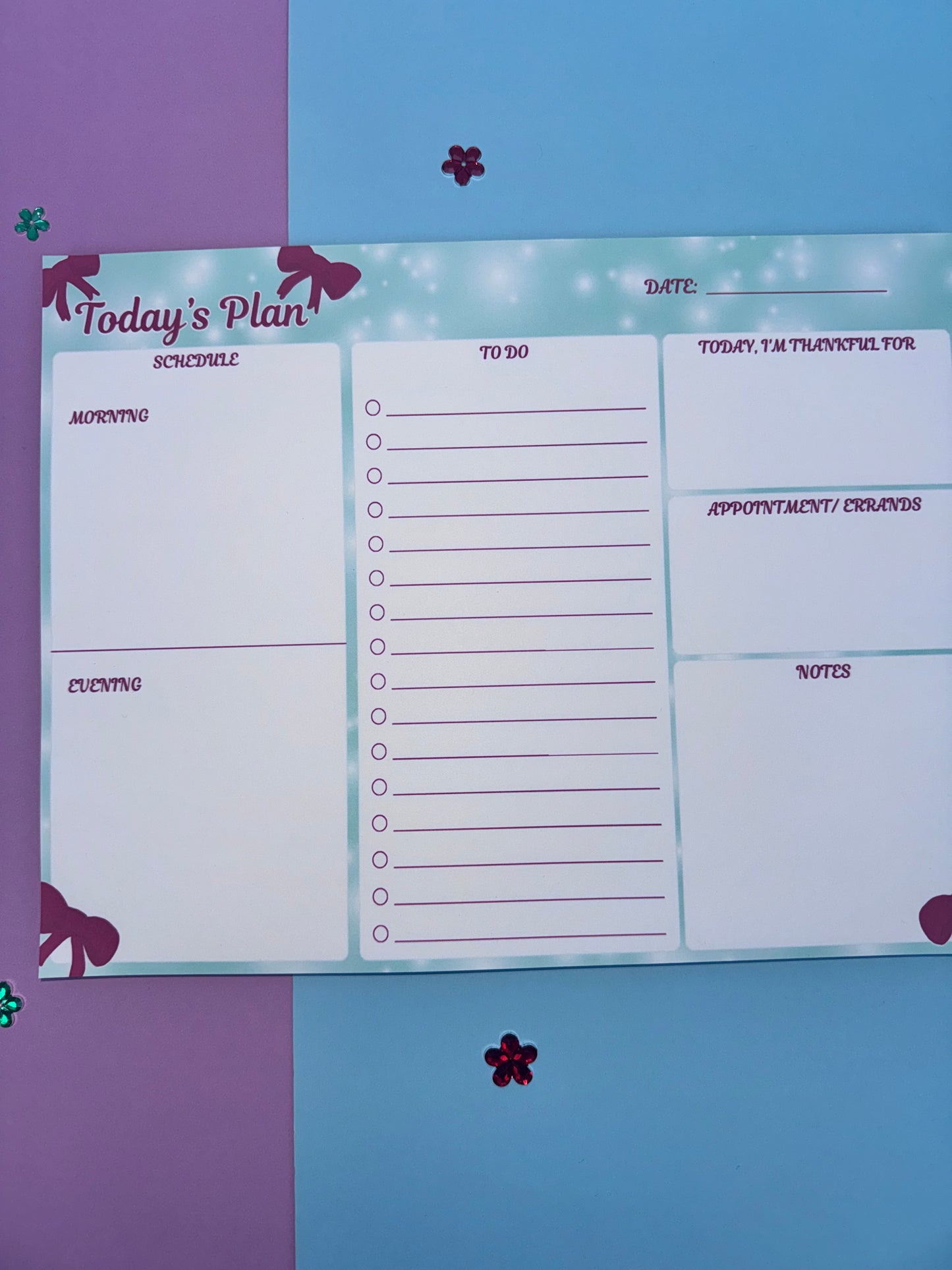 Handmade Daily Planner Pad – 10.75" x 8.2" Holiday Bow Planner, Teal & White Page Layout, To-Do List + AM/PM Schedule, 50 Pages, Chipboard Backing