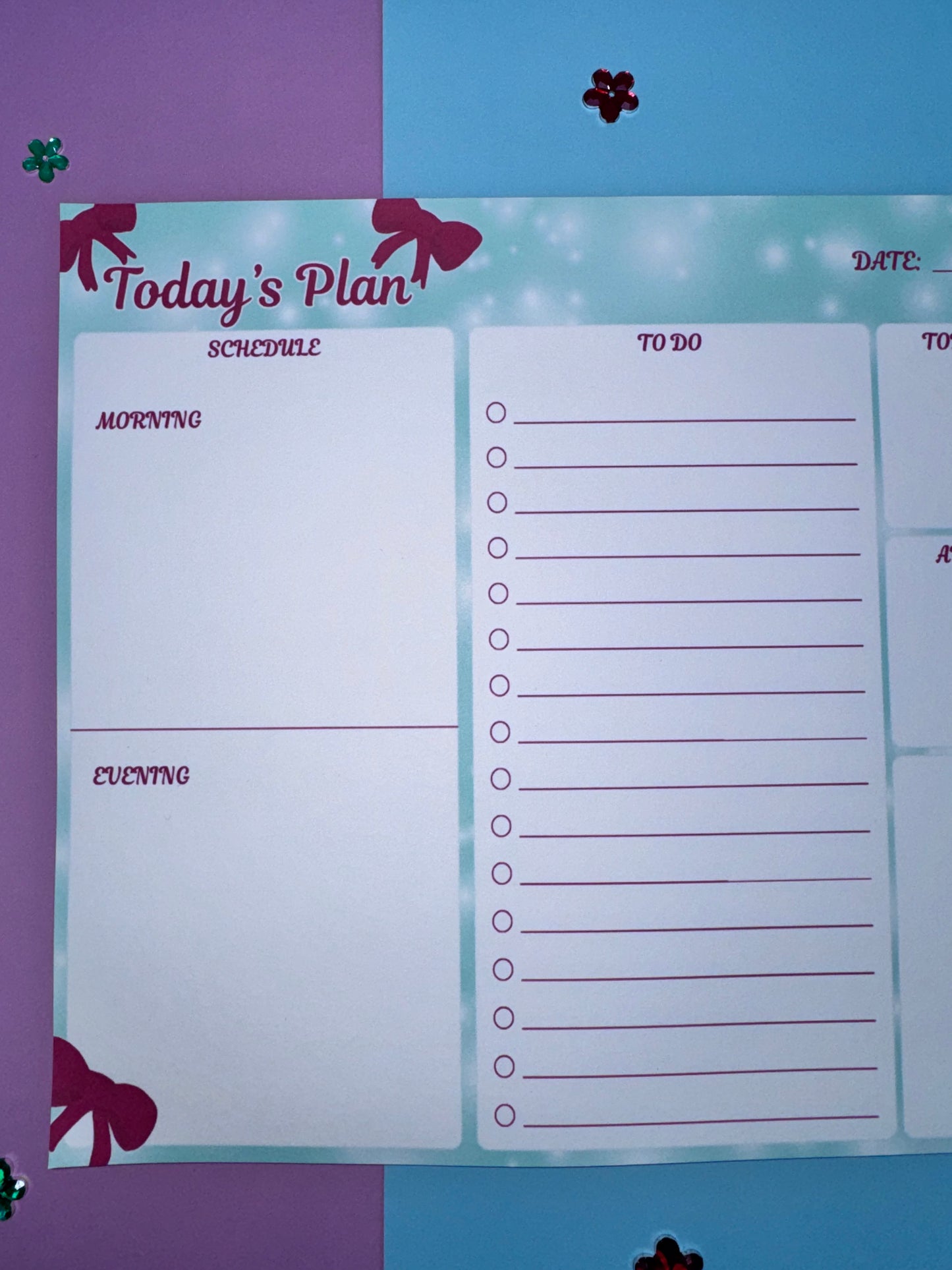 Handmade Daily Planner Pad – 10.75" x 8.2" Holiday Bow Planner, Teal & White Page Layout, To-Do List + AM/PM Schedule, 50 Pages, Chipboard Backing