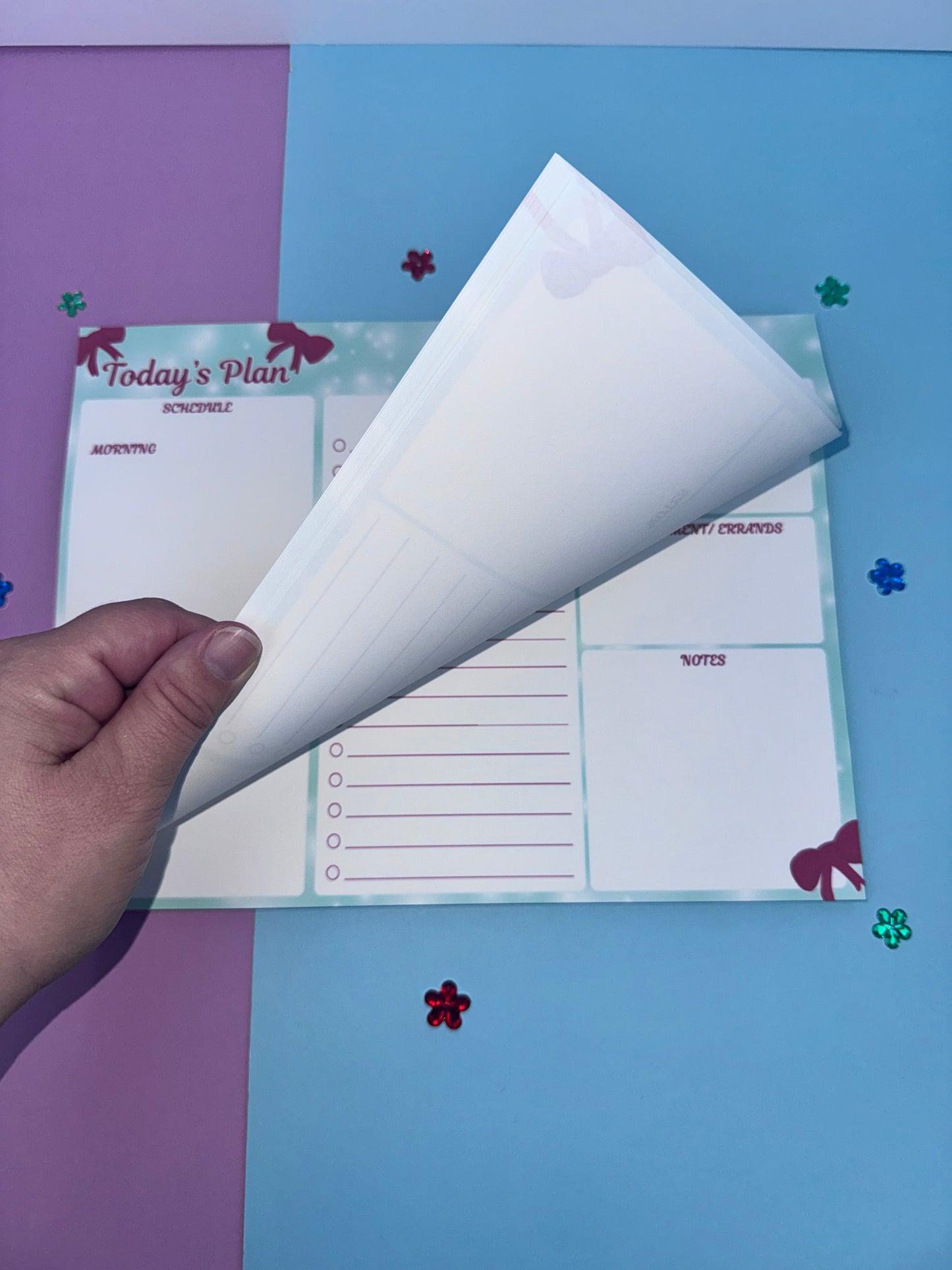 Handmade Daily Planner Pad – 10.75" x 8.2" Holiday Bow Planner, Teal & White Page Layout, To-Do List + AM/PM Schedule, 50 Pages, Chipboard Backing