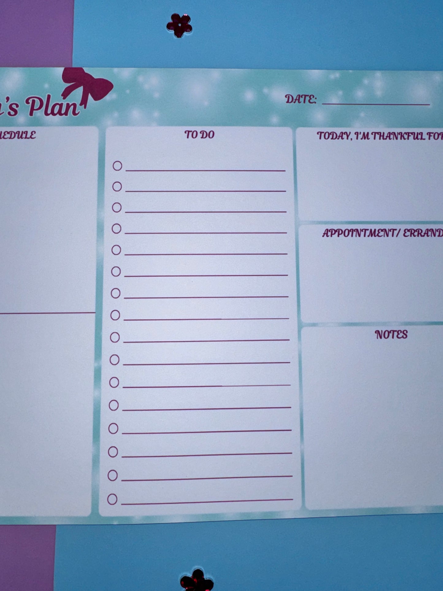 Handmade Daily Planner Pad – 10.75" x 8.2" Holiday Bow Planner, Teal & White Page Layout, To-Do List + AM/PM Schedule, 50 Pages, Chipboard Backing