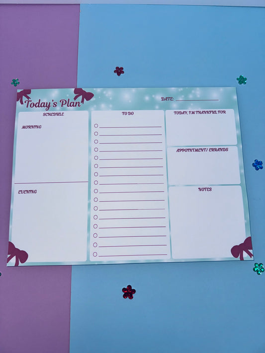 Handmade Daily Planner Pad – 10.75" x 8.2" Holiday Bow Planner, Teal & White Page Layout, To-Do List + AM/PM Schedule, 50 Pages, Chipboard Backing