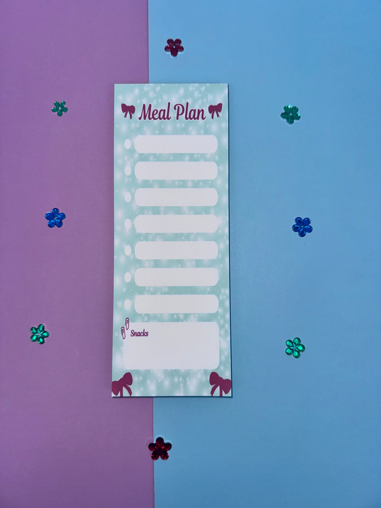 Holiday Meal Plan Notepad | 3x8 Handmade List Pad with 50 Pages, Teal & Red Bows
