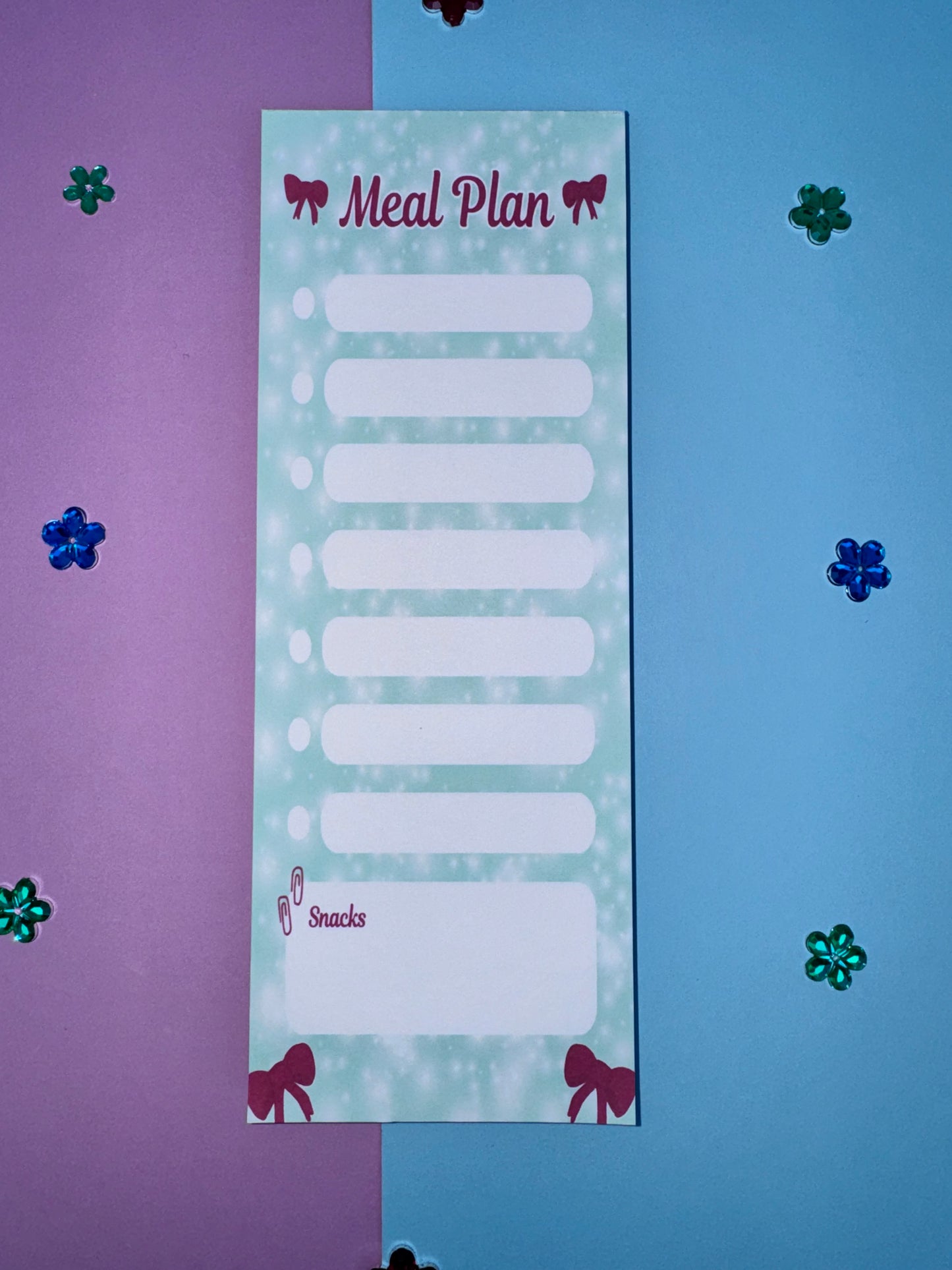 Holiday Meal Plan Notepad | 3x8 Handmade List Pad with 50 Pages, Teal & Red Bows