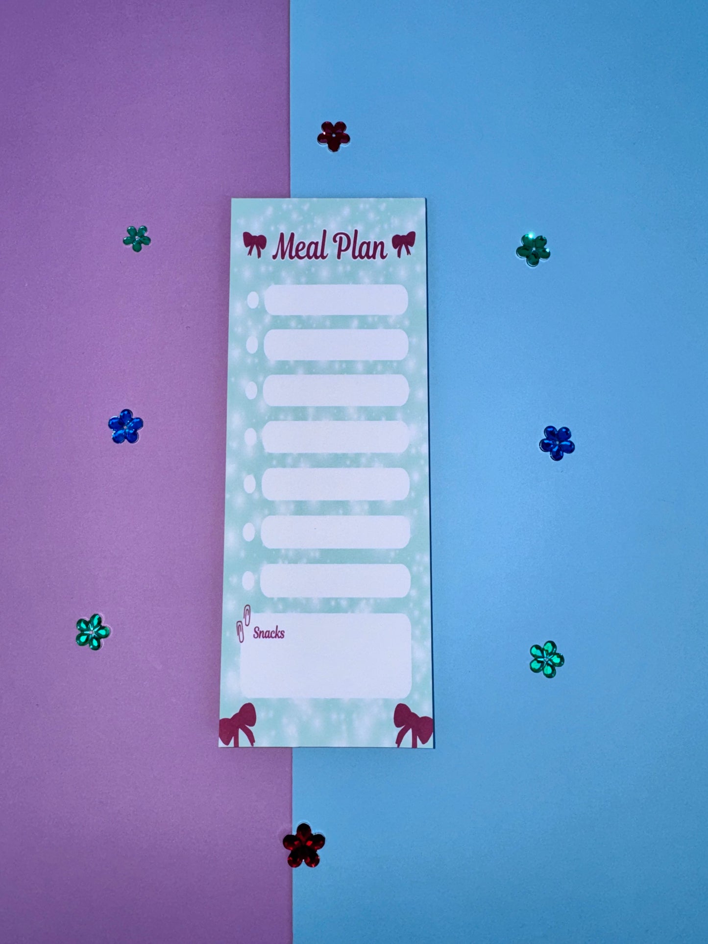 Holiday Meal Plan Notepad | 3x8 Handmade List Pad with 50 Pages, Teal & Red Bows