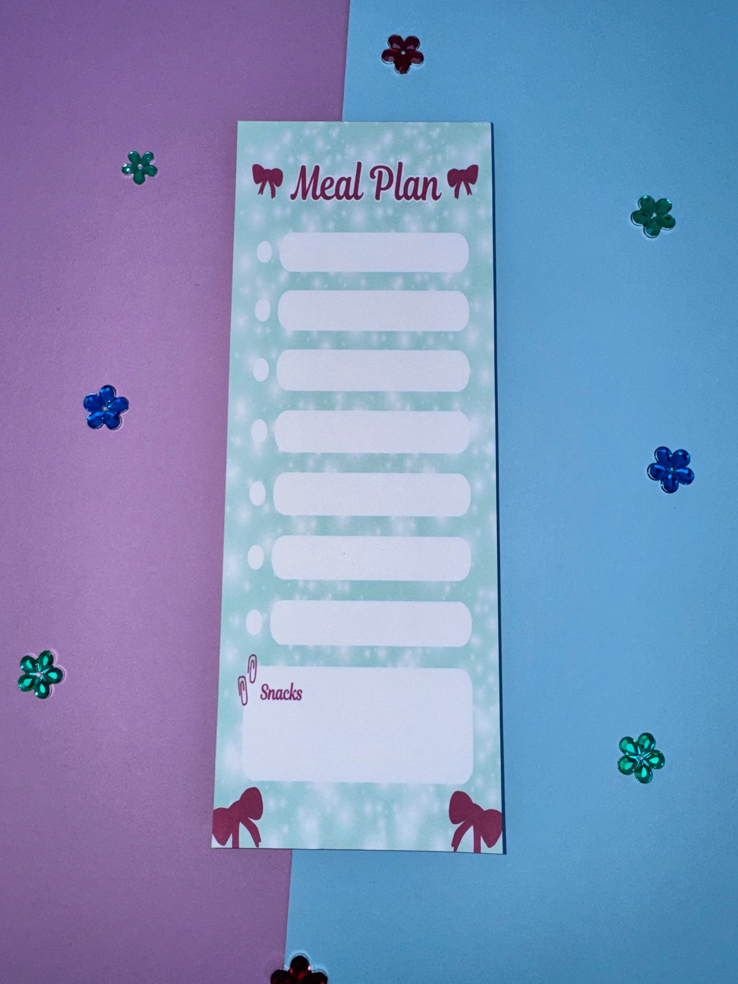 Holiday Meal Plan Notepad | 3x8 Handmade List Pad with 50 Pages, Teal & Red Bows