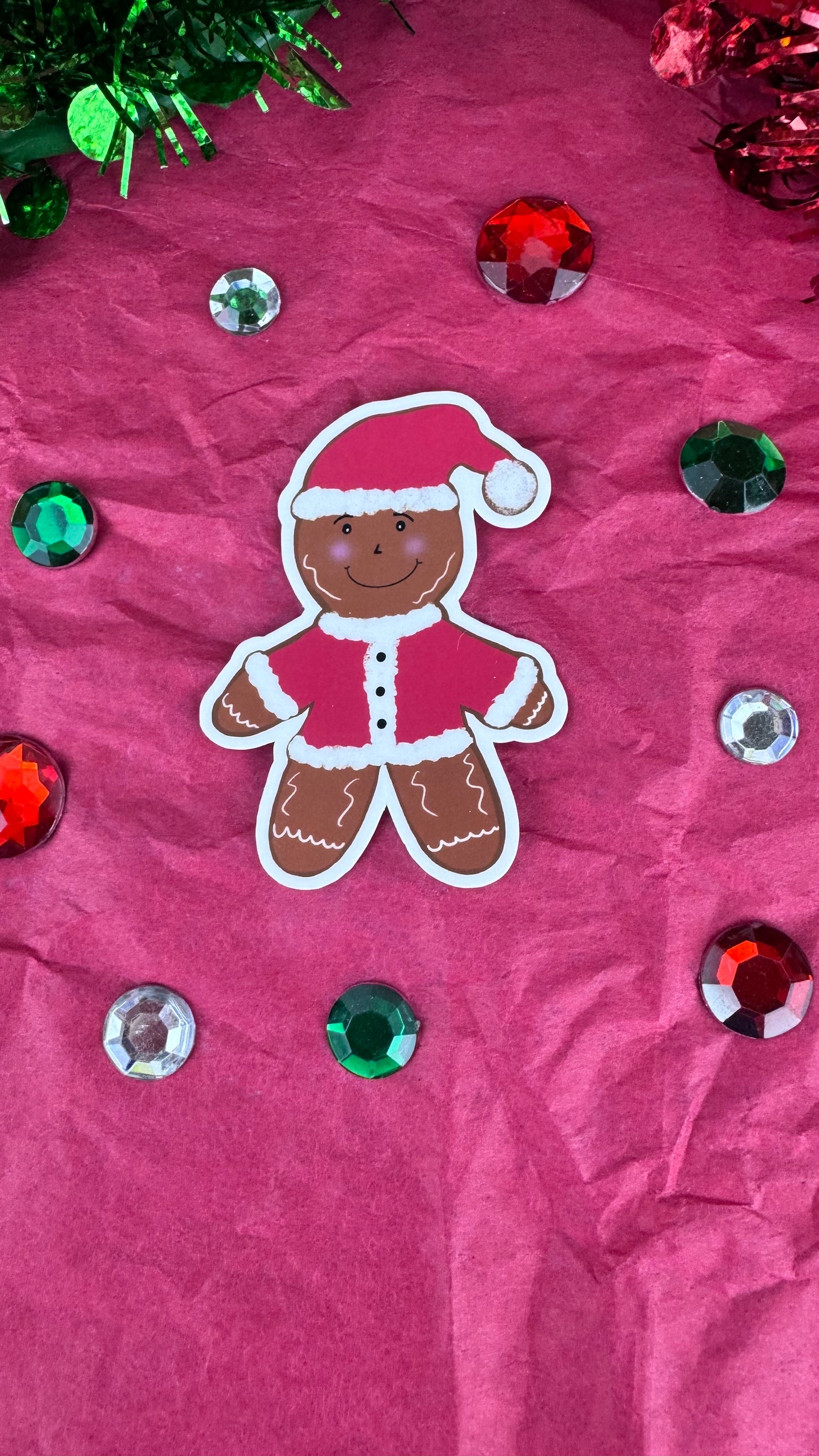 Gingerbread Man Santa Sticker – Hand Drawn Laminated Christmas Sticker, Cute Holiday Gingerbread Decor
