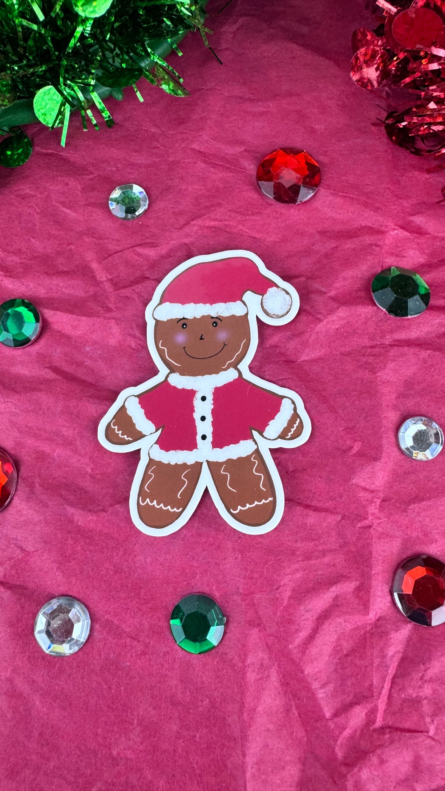 Gingerbread Man Santa Sticker – Hand Drawn Laminated Christmas Sticker, Cute Holiday Gingerbread Decor