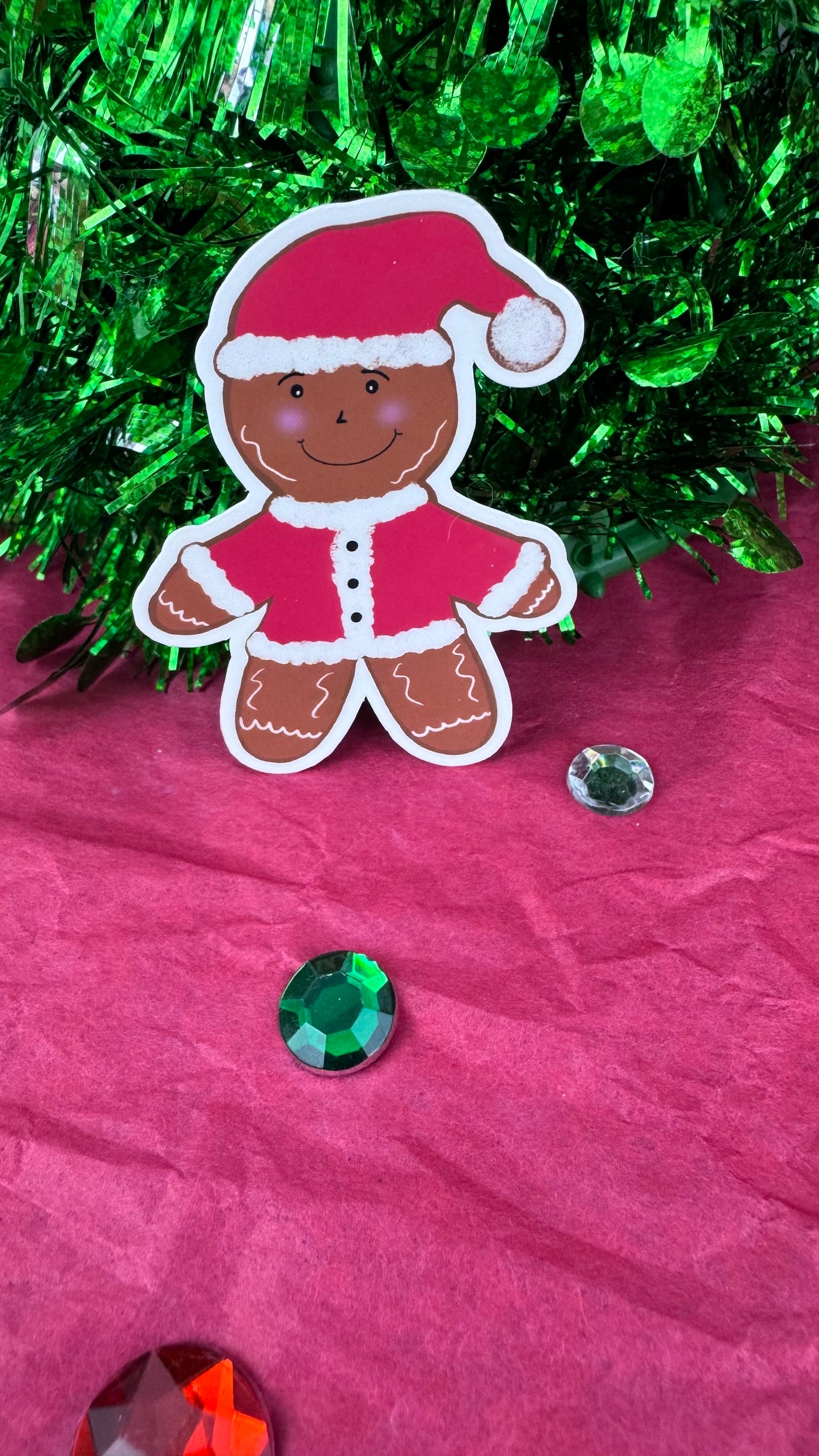 Gingerbread Man Santa Sticker – Hand Drawn Laminated Christmas Sticker, Cute Holiday Gingerbread Decor