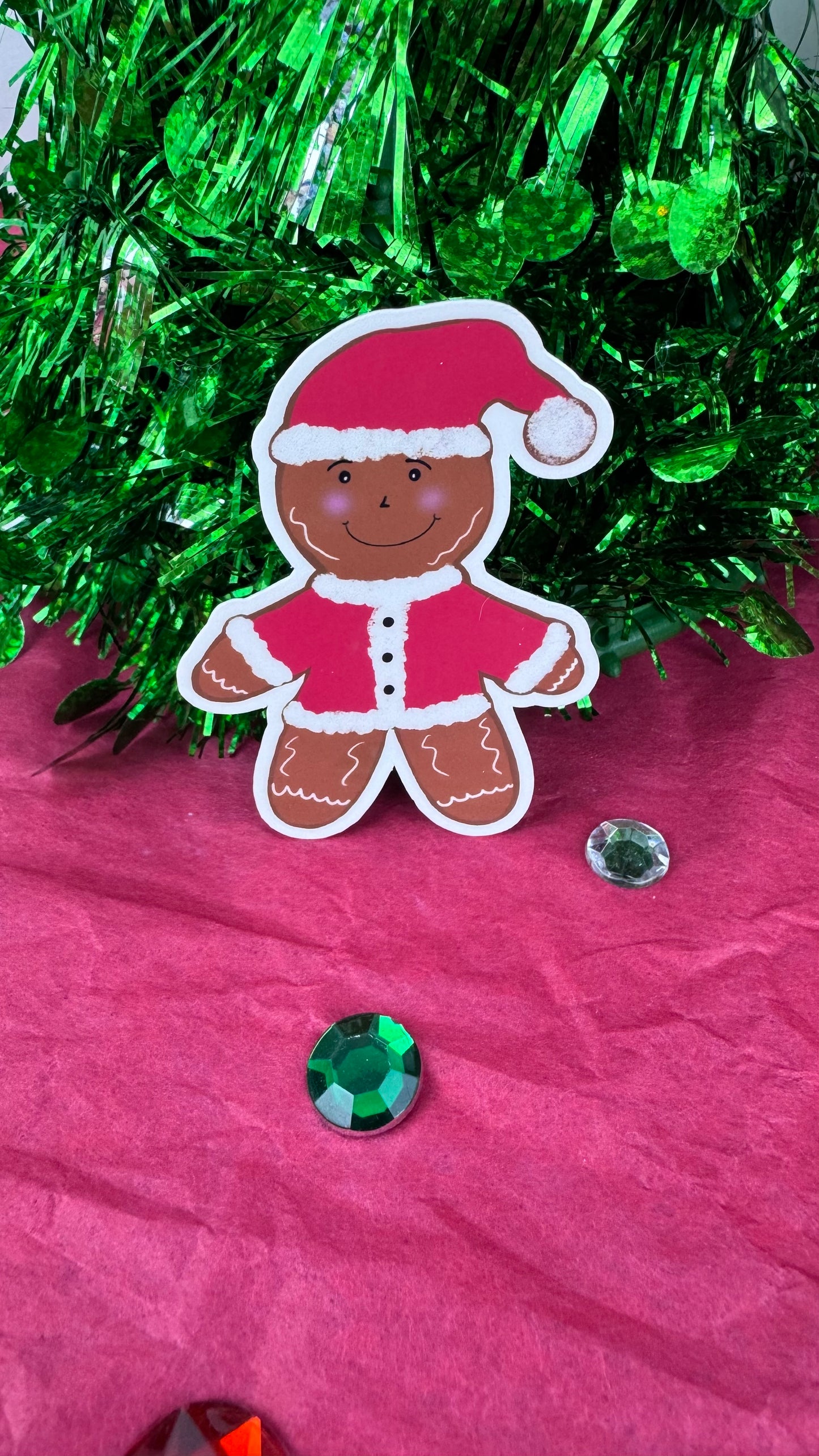Gingerbread Man Santa Sticker – Hand Drawn Laminated Christmas Sticker, Cute Holiday Gingerbread Decor