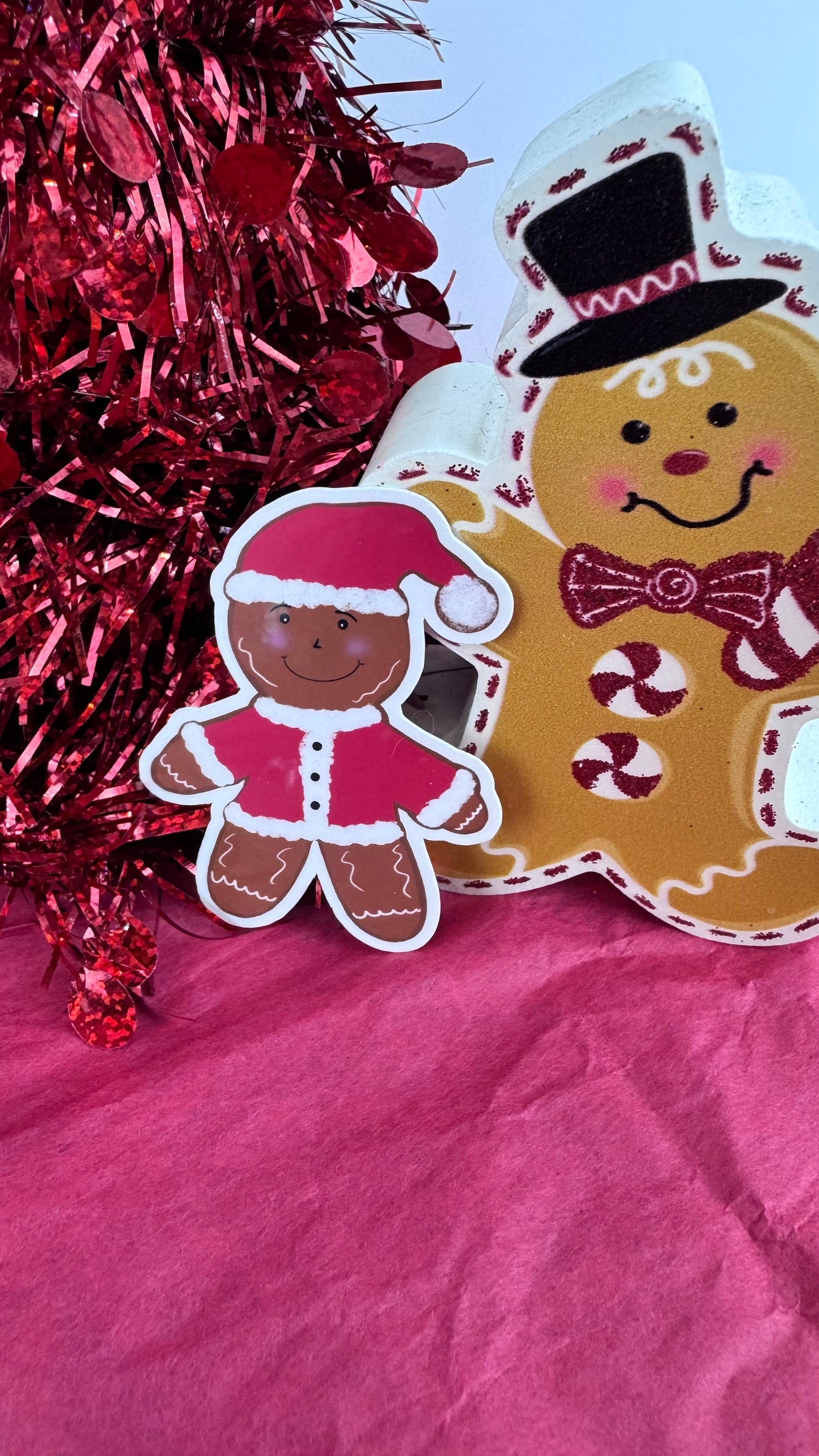 Gingerbread Man Santa Sticker – Hand Drawn Laminated Christmas Sticker, Cute Holiday Gingerbread Decor