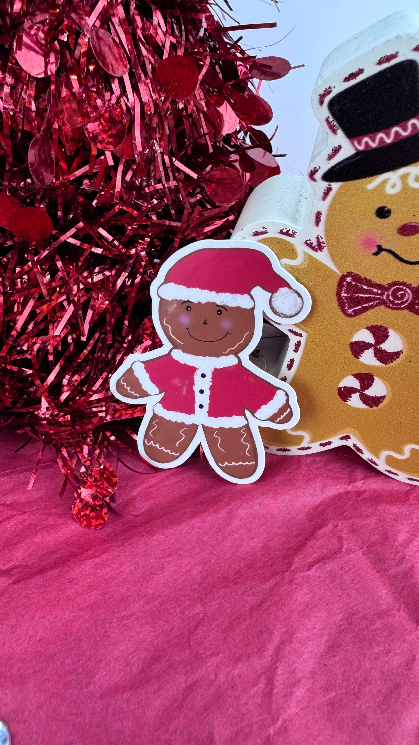 Gingerbread Man Santa Sticker – Hand Drawn Laminated Christmas Sticker, Cute Holiday Gingerbread Decor