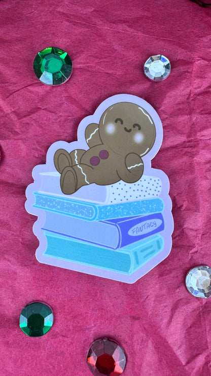 Holiday Gingerbread Man Book Lover Sticker- Hand Drawn, Handmade Christmas Theme For Readers