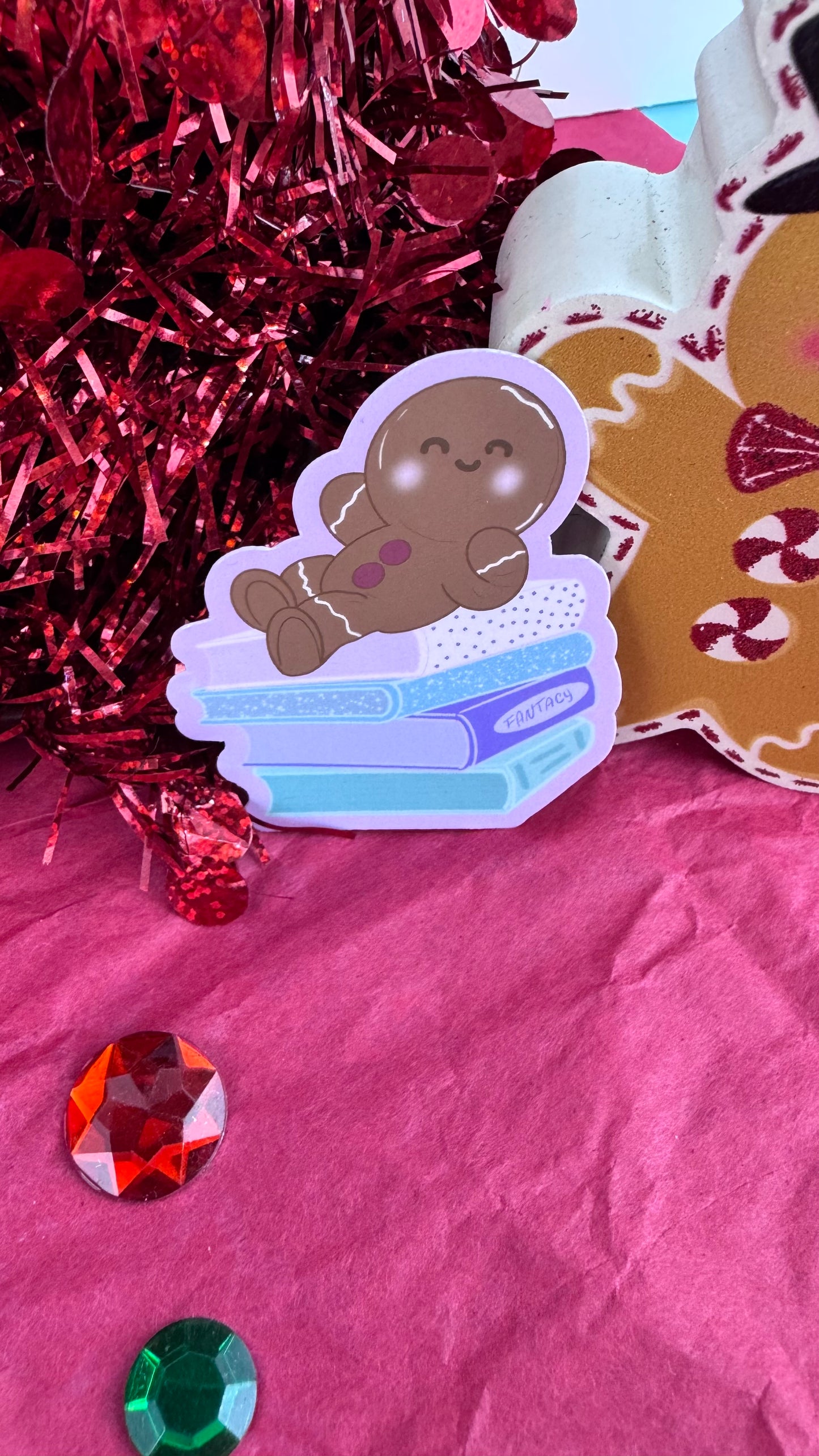Holiday Gingerbread Man Book Lover Sticker- Hand Drawn, Handmade Christmas Theme For Readers