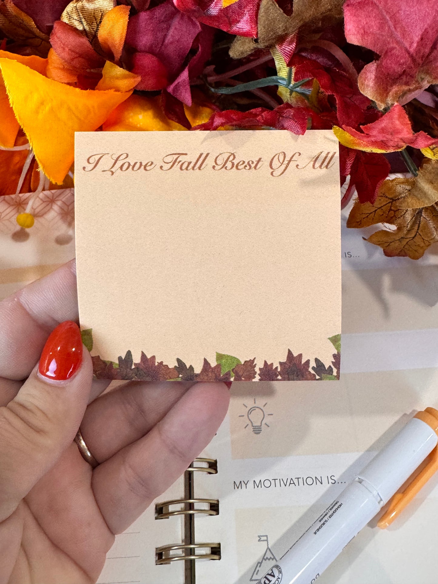 I Love Fall Best Of All 3x3 Sticky Note with Fall Leaf Design, 50 Sheets