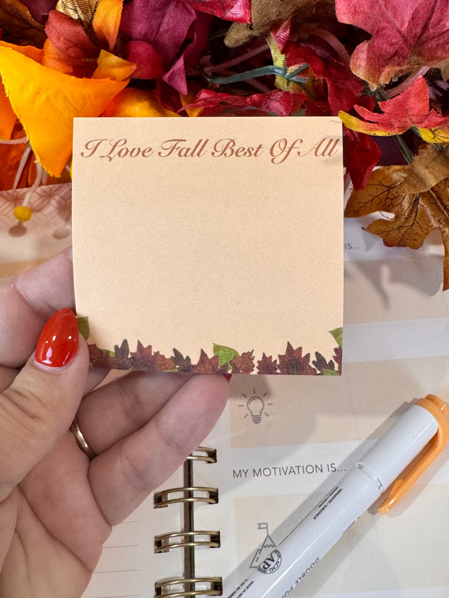 I Love Fall Best Of All 3x3 Sticky Note with Fall Leaf Design, 50 Sheets