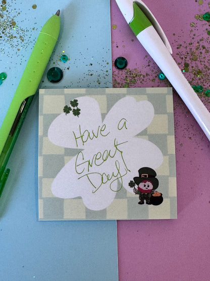 Lucky Leprechaun Sticky Notes | 3x3 Sticky Note Pad | Hand Drawn Four Leaf Clover Memo Pad | St. Patrick's Day Notes | Cute Office Supplies