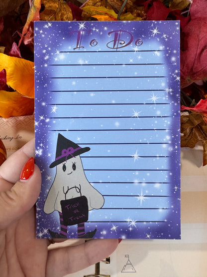 Halloween Cute Notepad With Adorable Ghost Witch with Night Sky Border with Stars, 4x6 Inch 50 Page