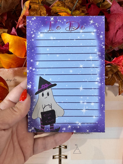 Halloween Cute Notepad With Adorable Ghost Witch with Night Sky Border with Stars, 4x6 Inch 50 Page