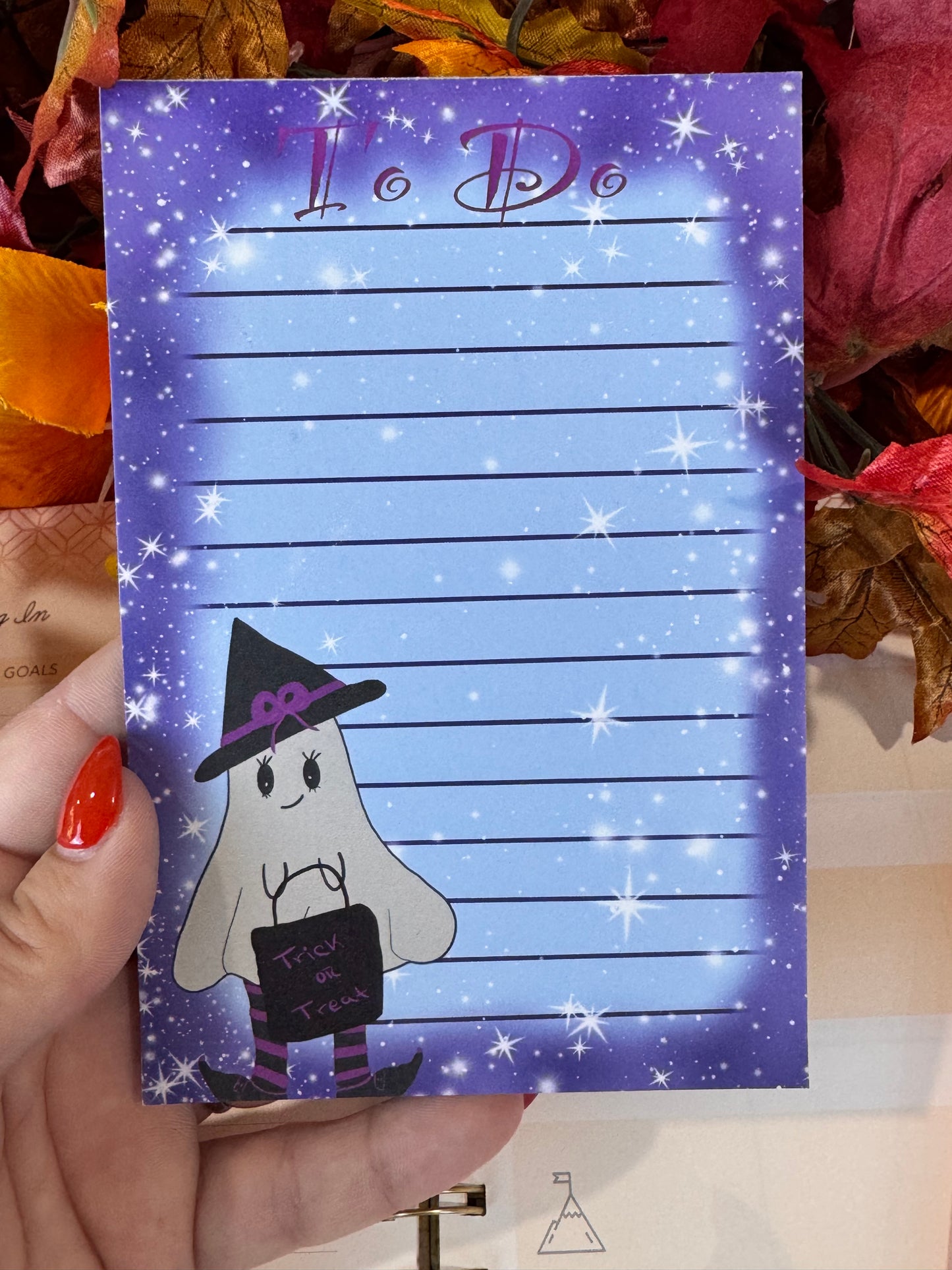 Halloween Cute Notepad With Adorable Ghost Witch with Night Sky Border with Stars, 4x6 Inch 50 Page