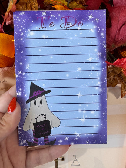 Halloween Cute Notepad With Adorable Ghost Witch with Night Sky Border with Stars, 4x6 Inch 50 Page