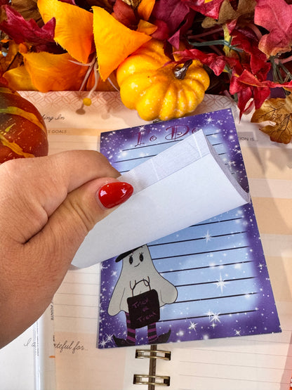 Halloween Cute Notepad With Adorable Ghost Witch with Night Sky Border with Stars, 4x6 Inch 50 Page