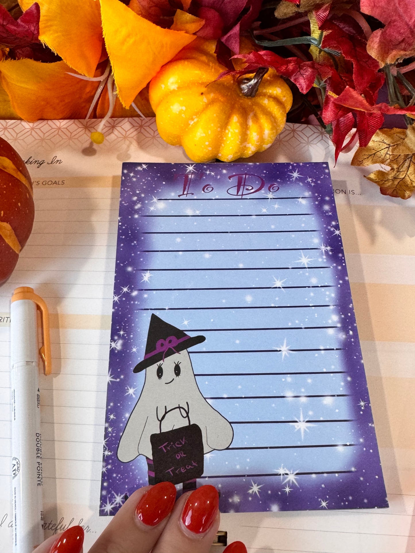 Halloween Cute Notepad With Adorable Ghost Witch with Night Sky Border with Stars, 4x6 Inch 50 Page