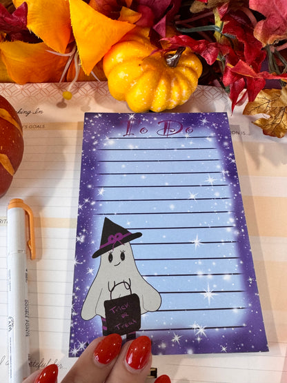 Halloween Cute Notepad With Adorable Ghost Witch with Night Sky Border with Stars, 4x6 Inch 50 Page