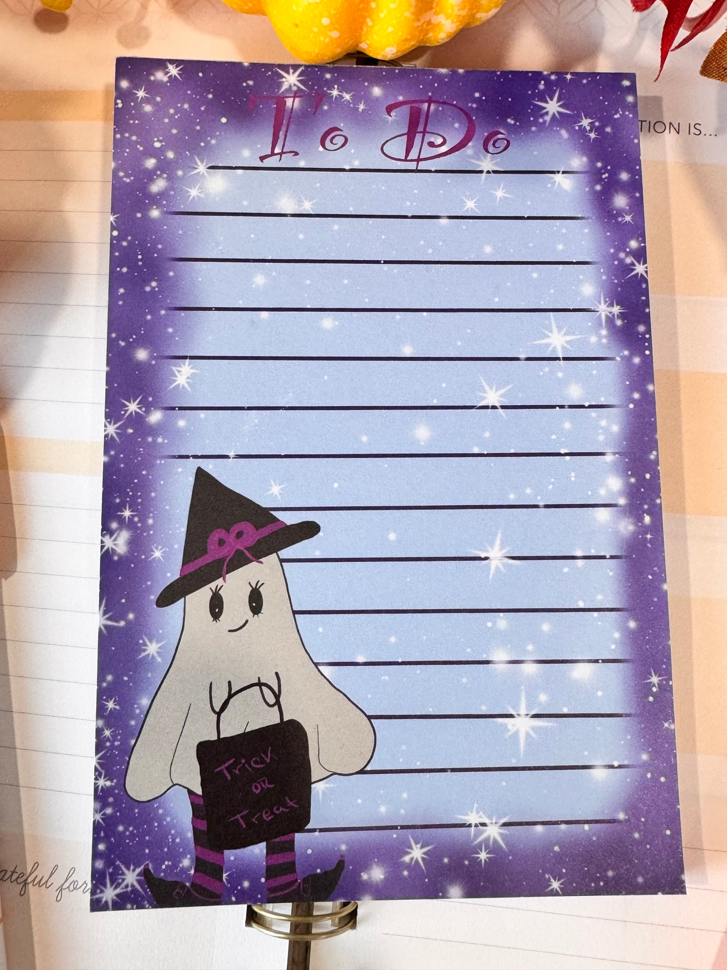 Halloween Cute Notepad With Adorable Ghost Witch with Night Sky Border with Stars, 4x6 Inch 50 Page