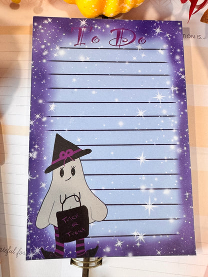 Halloween Cute Notepad With Adorable Ghost Witch with Night Sky Border with Stars, 4x6 Inch 50 Page
