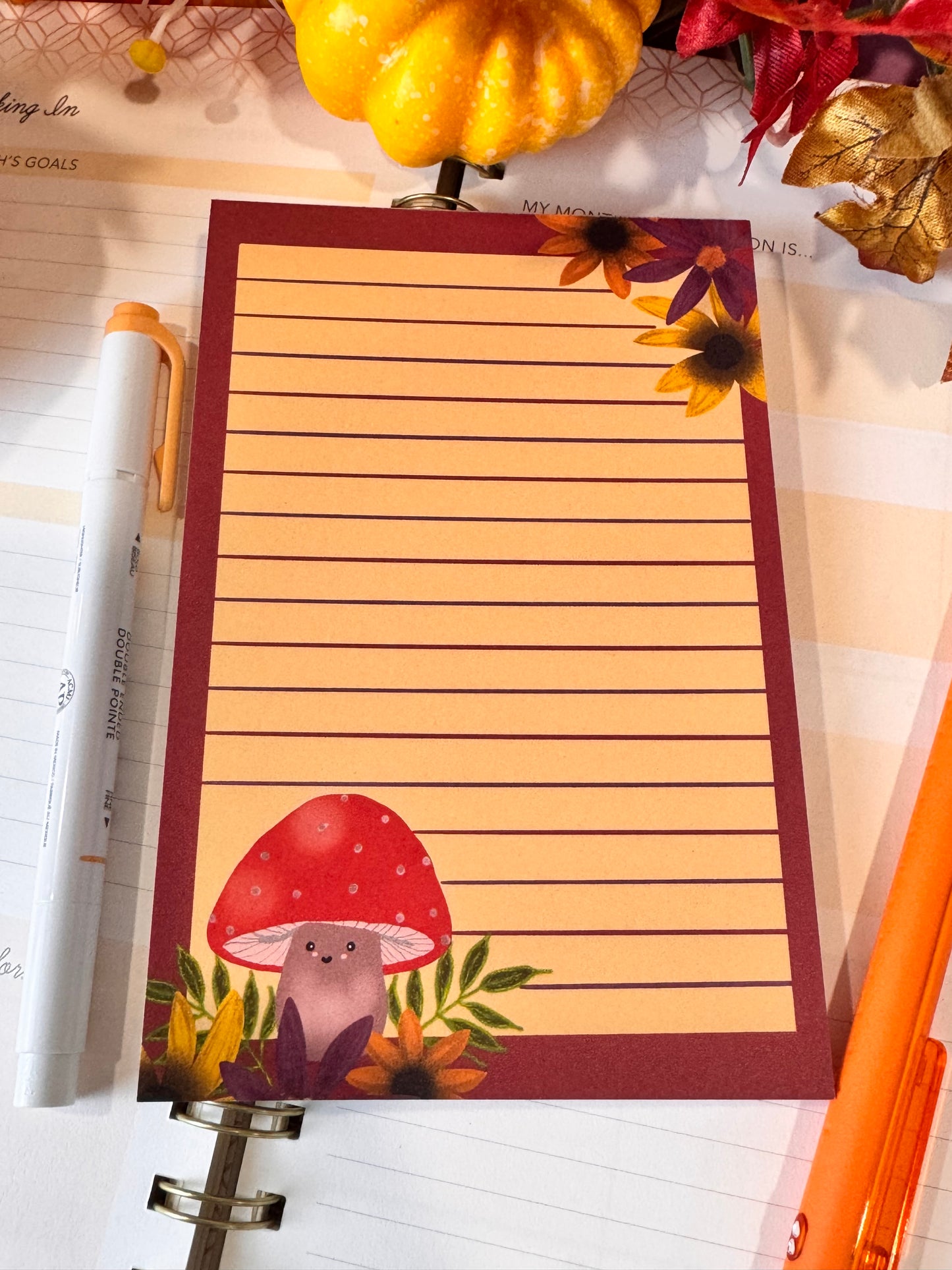Notepad With Cute Mushroom and Fall Flowers, 4x6