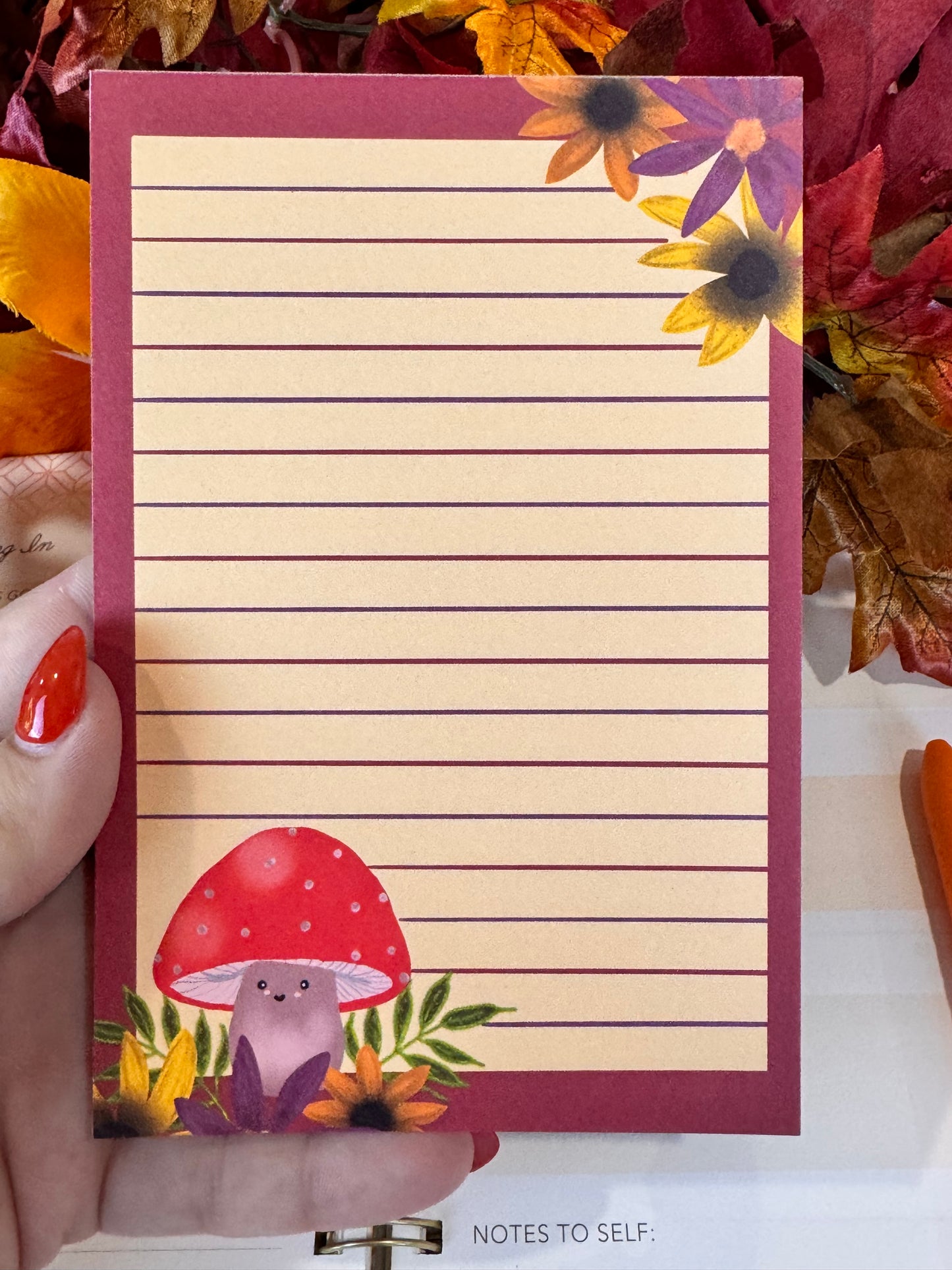 Notepad With Cute Mushroom and Fall Flowers, 4x6