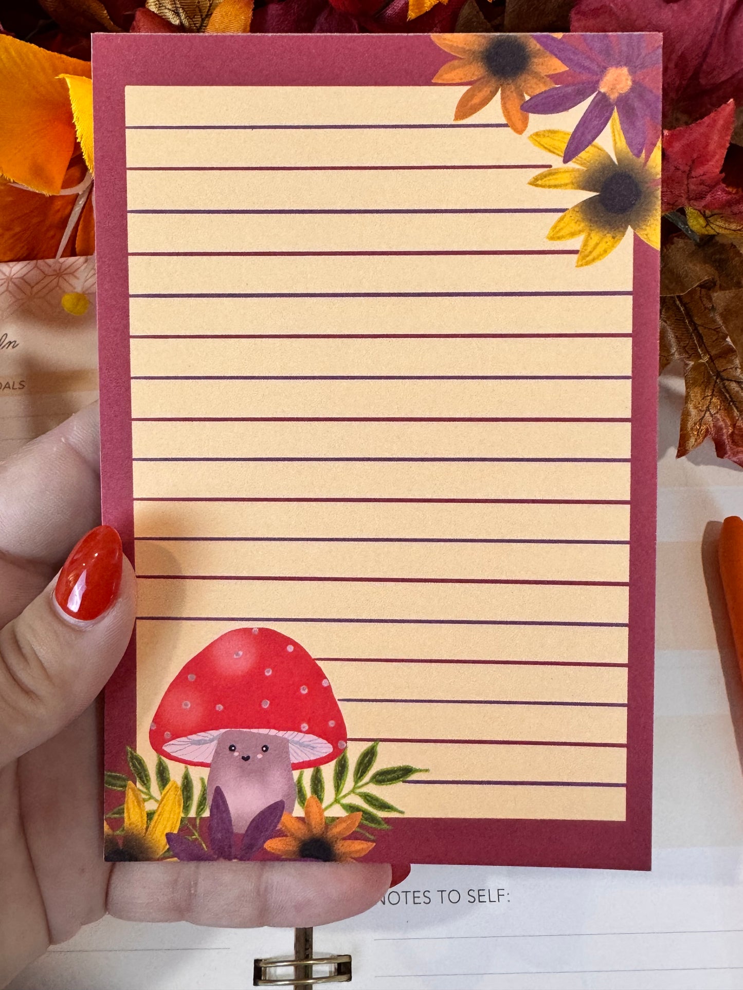 Notepad With Cute Mushroom and Fall Flowers, 4x6