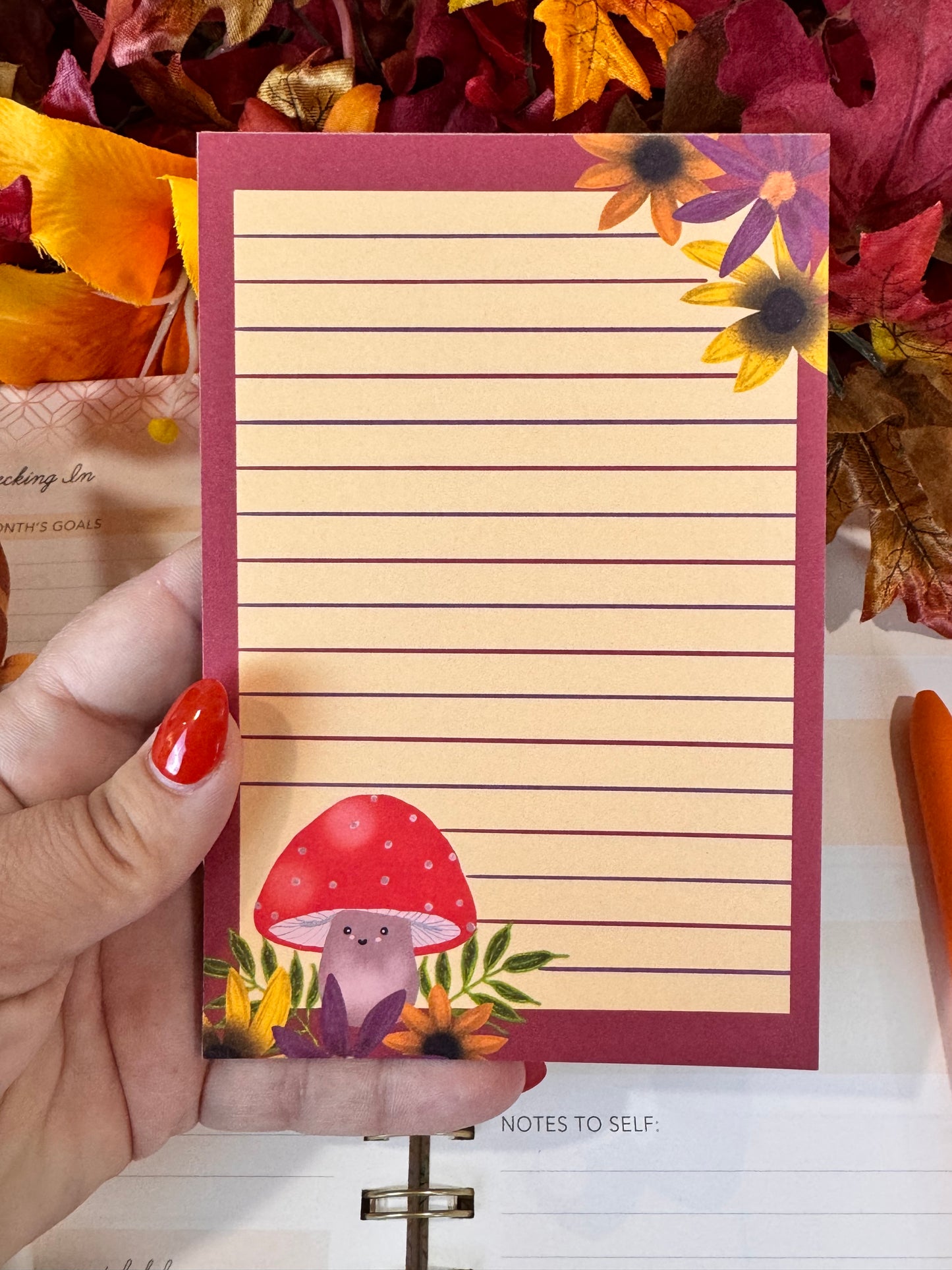 Notepad With Cute Mushroom and Fall Flowers, 4x6