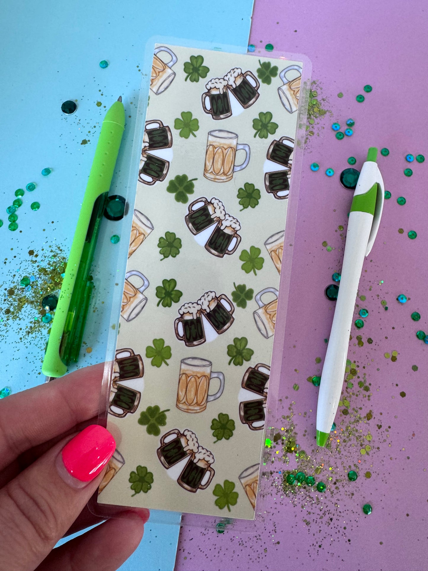 Beer Themed Bookmark, Beer Mug Repeating Pattern Handmade Laminated Book Accessory