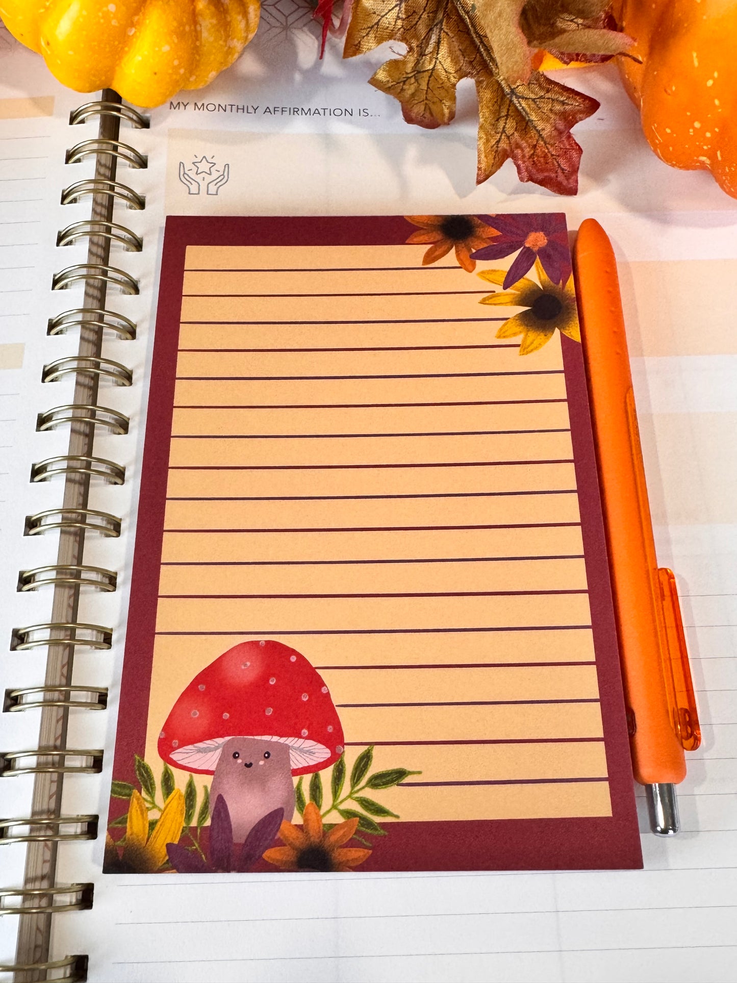 Notepad With Cute Mushroom and Fall Flowers, 4x6