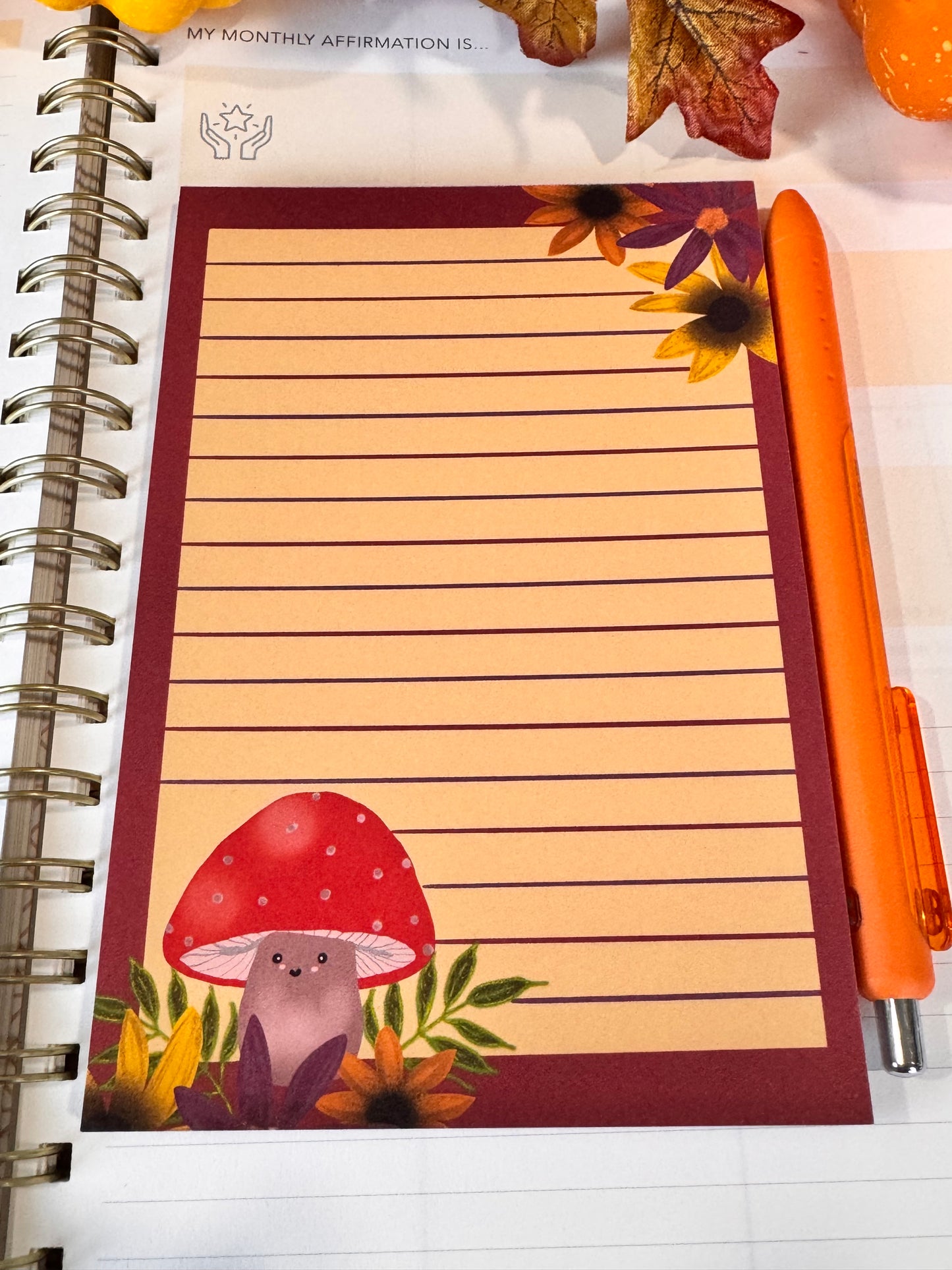 Notepad With Cute Mushroom and Fall Flowers, 4x6