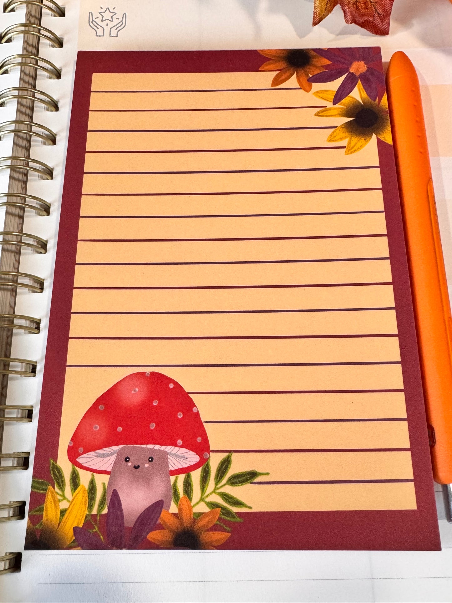 Notepad With Cute Mushroom and Fall Flowers, 4x6