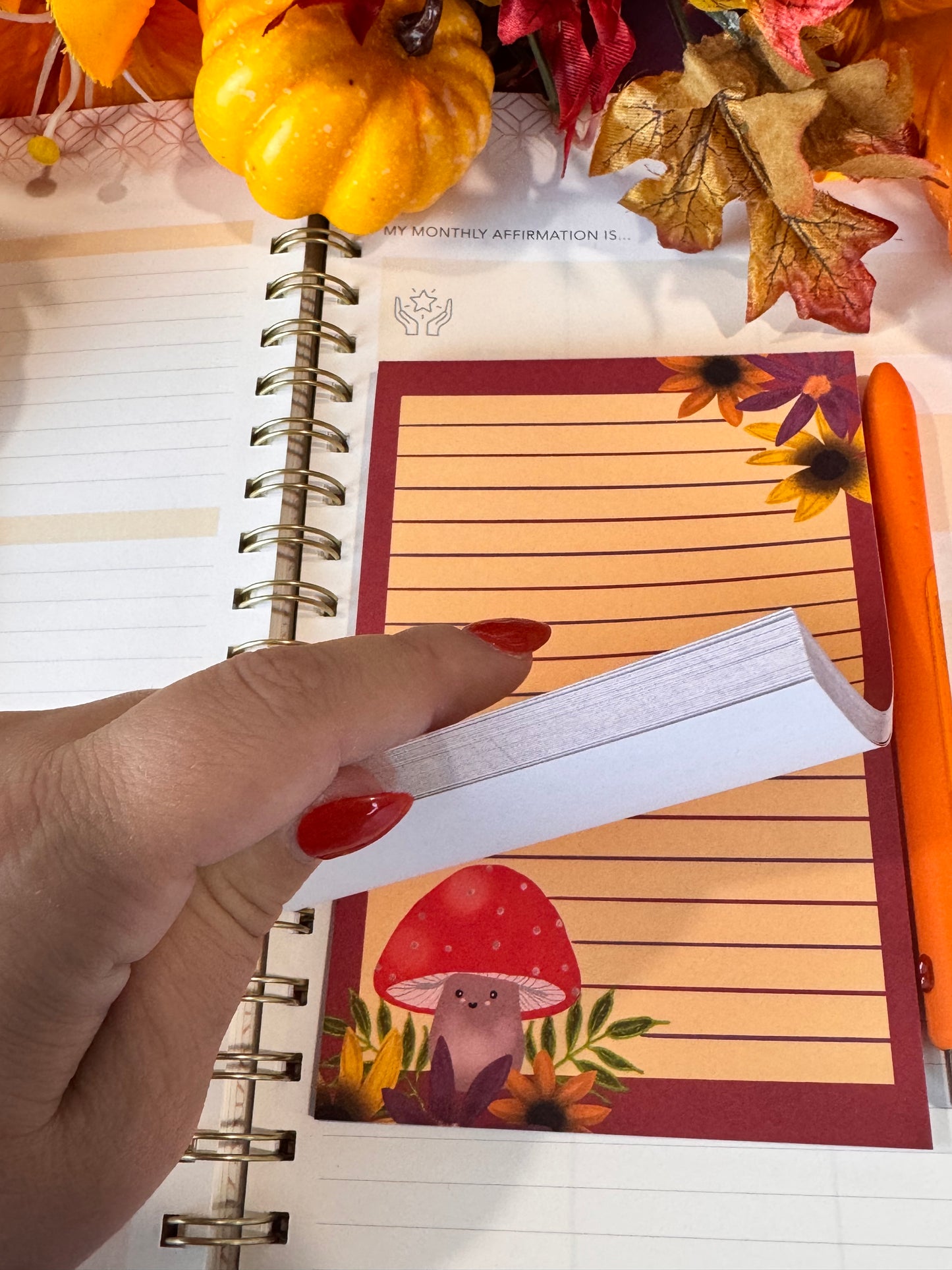 Notepad With Cute Mushroom and Fall Flowers, 4x6