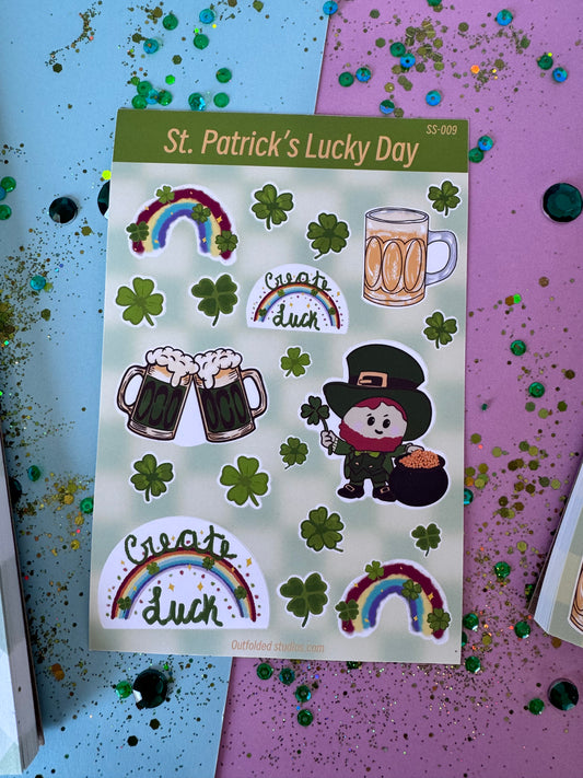 Sheet of St. Patrick's Day-themed stickers with shamrocks, rainbows, and leprechauns on a colorful background.