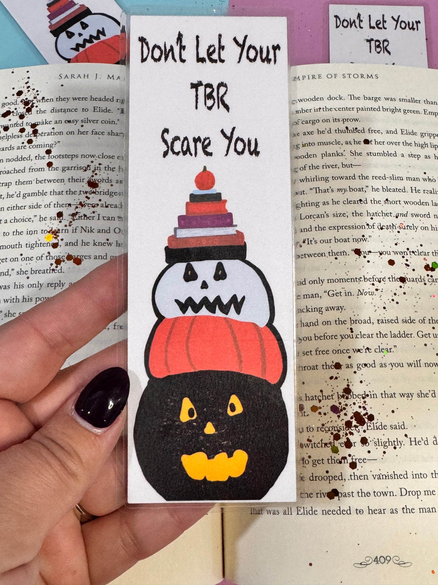 Don't Let Your TBR Scare You Halloween Pumpkins, Jack-O-Lanterns, and Book Stack Reading Fall Laminated Bookmark