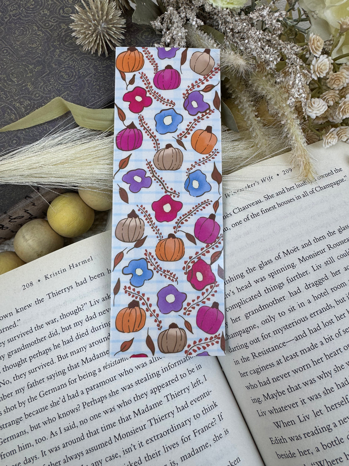 Fall Laminated Bookmark with Pumpkins & Flowers