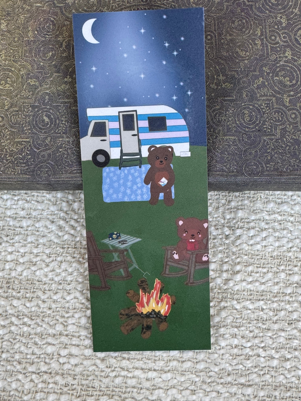Camping Bear Bookmark | Camper & Campfire Under the Stars