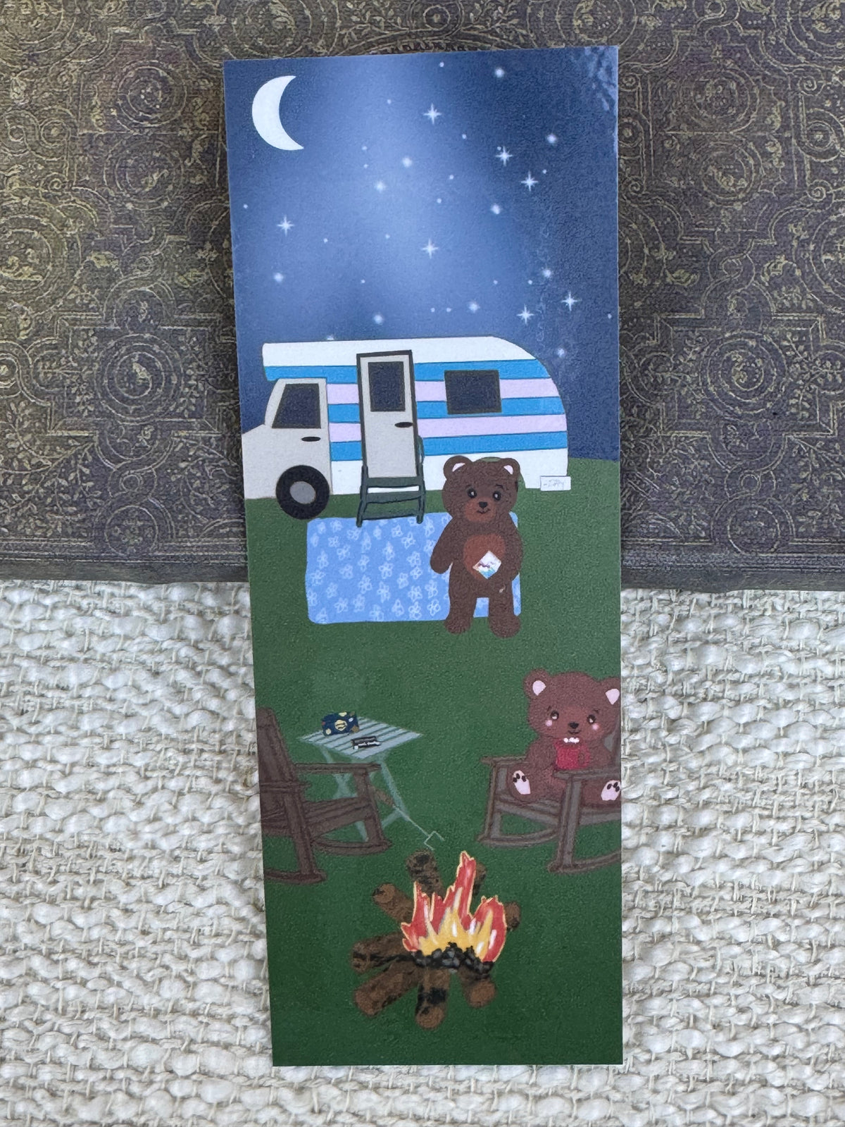 Camping Bear Bookmark | Camper & Campfire Under the Stars