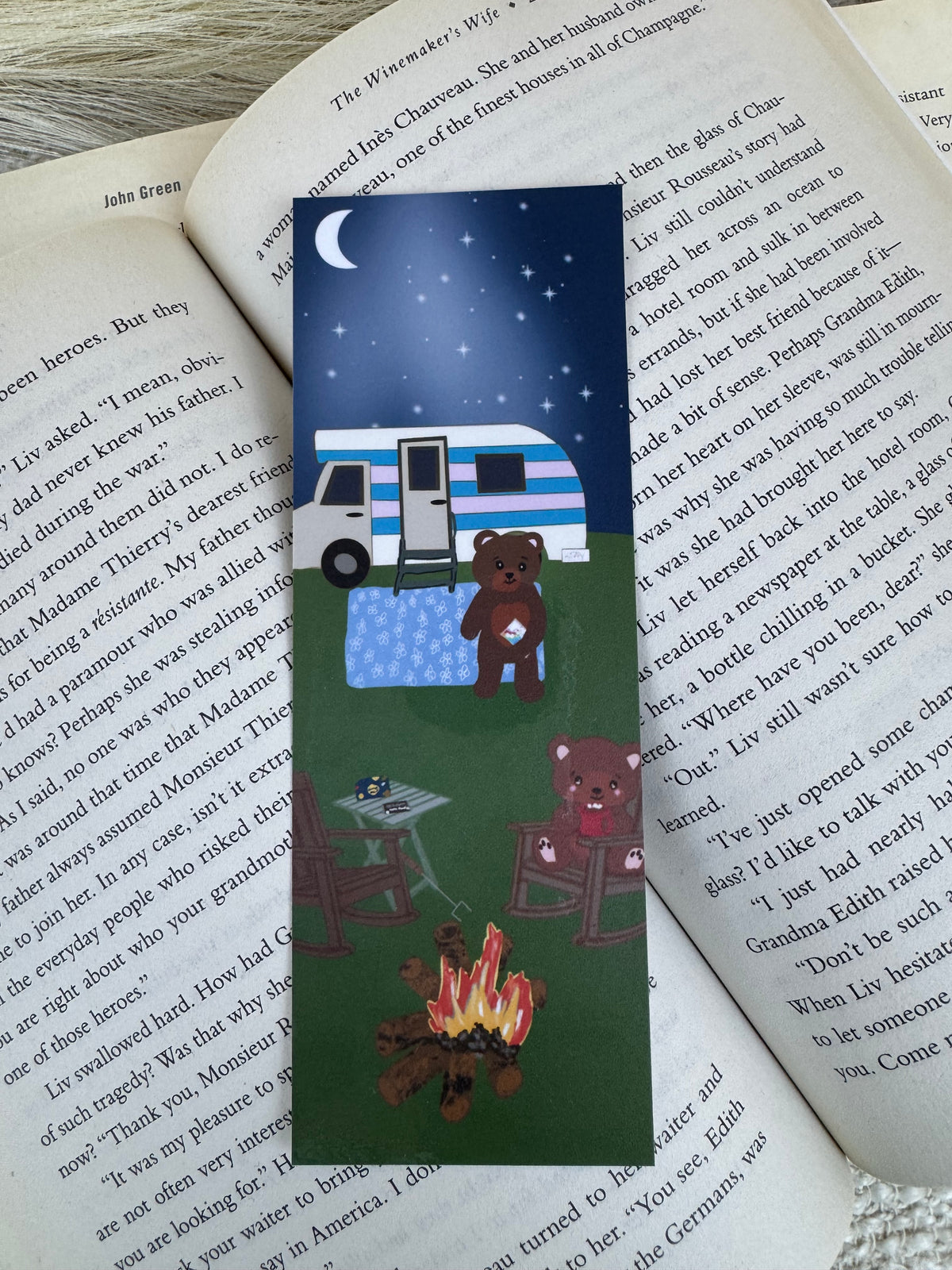 Camping Bear Bookmark | Camper & Campfire Under the Stars