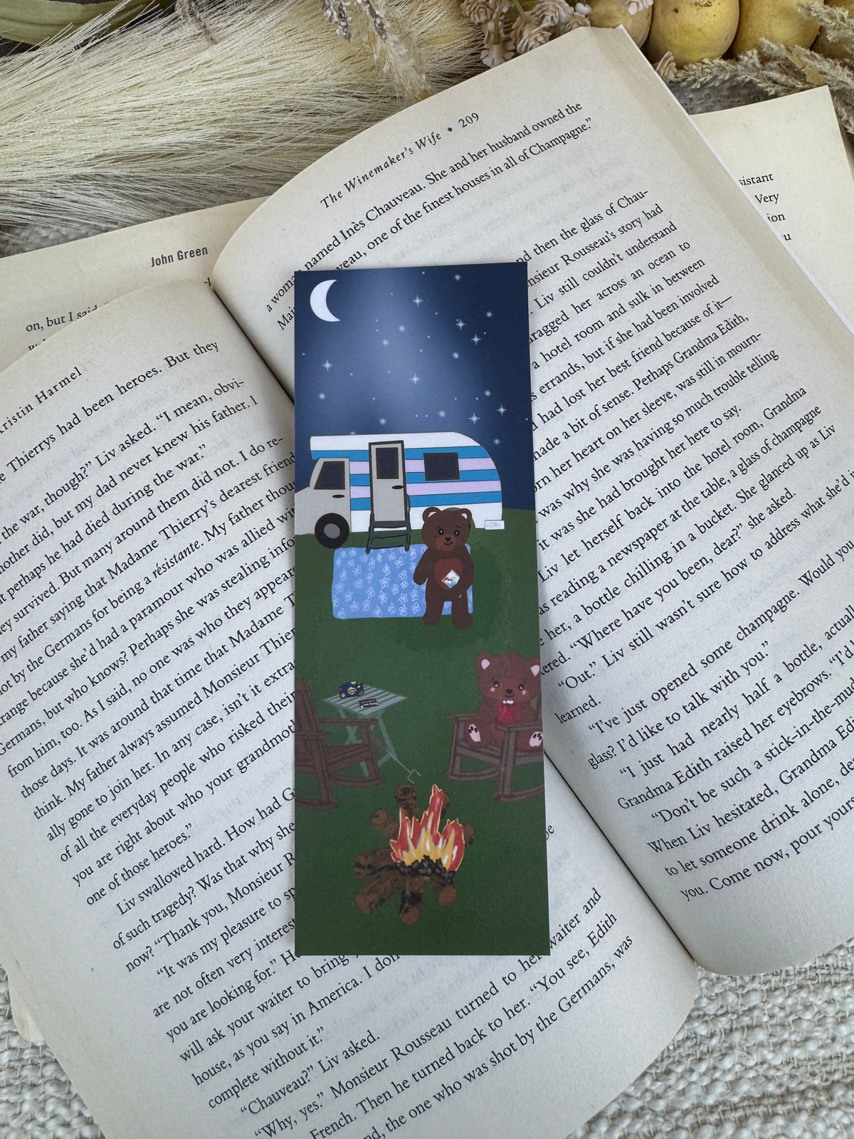 Camping Bear Bookmark | Camper & Campfire Under the Stars