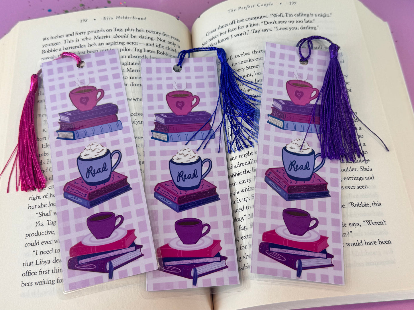 Coffee and Books Laminated Bookmark - Page Saver With Tassel - Pretty Gingham Style Bookmark - Stack of Books for Coffee Lover