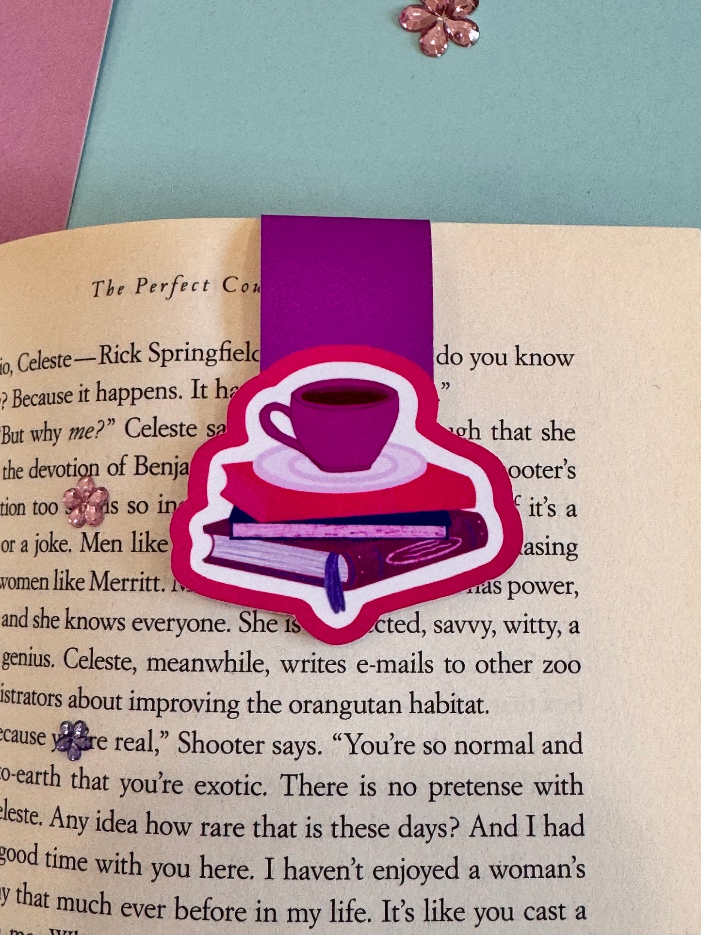 Pretty Bright Pink and Purple Magnetic Bookmark with Book Stack and Coffee