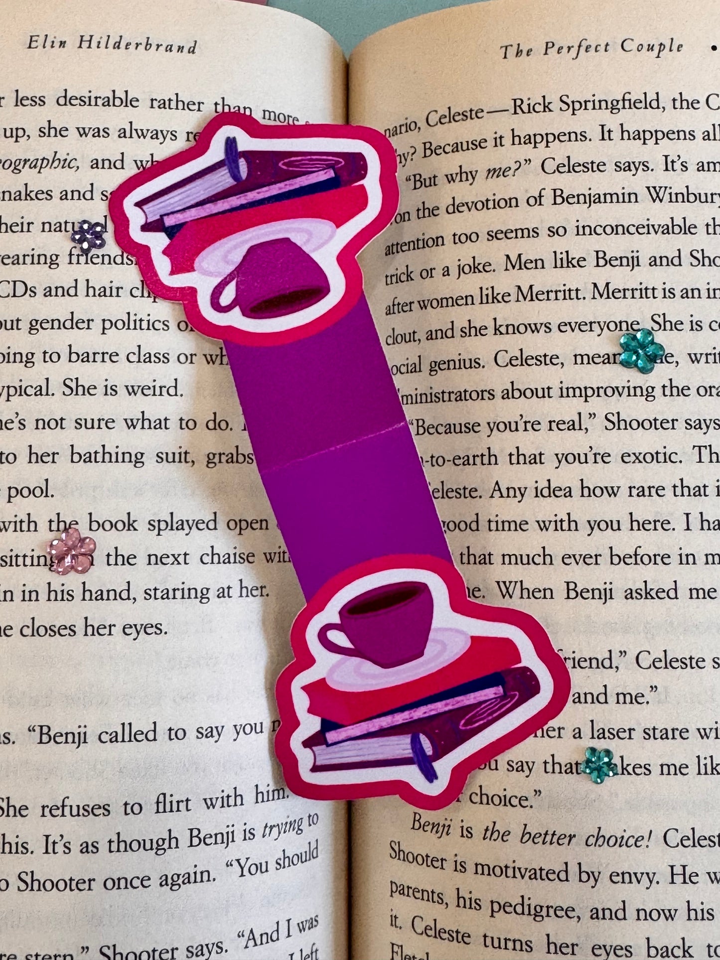 Pretty Bright Pink and Purple Magnetic Bookmark with Book Stack and Coffee